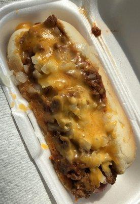 Chili dog with Onion, Cheese, Mustard and Relish, Very good