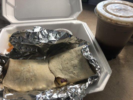 Denver omelet wrap and iced coffee