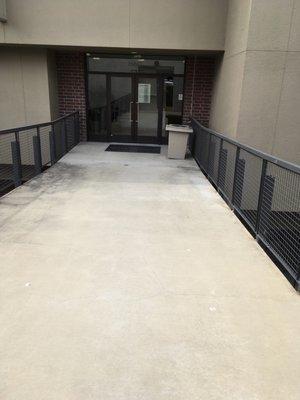 Pedestrian bridge from second floor of parking garage.