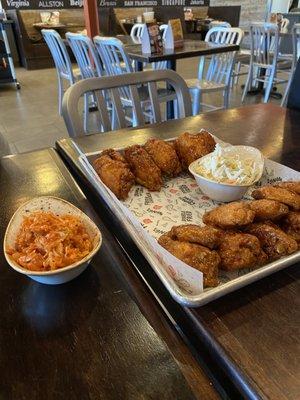 20 half and half wings with kimchi and regular coleslaw.