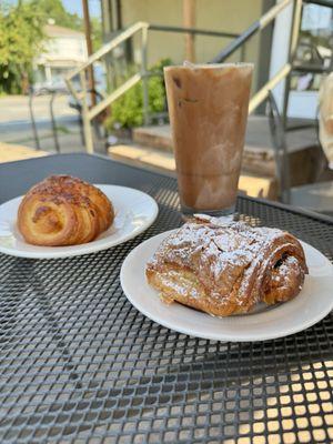 Chocolate croissant, almond croissant w/ ice coffee