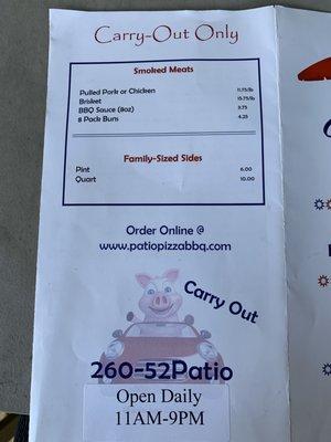 Carry-Out Only Menu