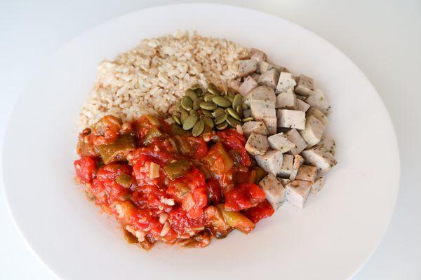 Chicken sausage served with stewed okra and tomatoes