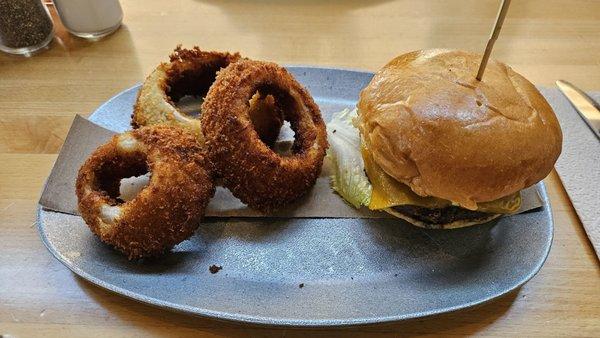 The Better Chedder burger and small order of onion rings.