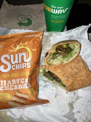 Veggie Delite on tomato basil wrap, SunChips Harvest Cheddar, and drink combo.