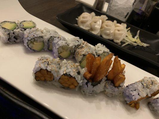 My 3 faves in one photo- sweet potato roll, cuc avo roll, and veg steamed dumplings