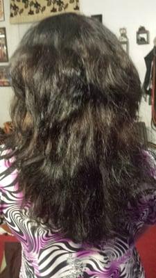 BEWARE!!!! THIS IS WHAT THEY DO TO YOUR HAIR WHEN YOU WANT A DYE AND TRIM. THE HAIR WAS UP TO MY HIPS, AND THEY BUTCHERED IT!