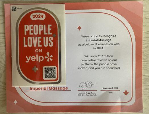 Imperial Massage
as a beloved business on Yelp in 2024.