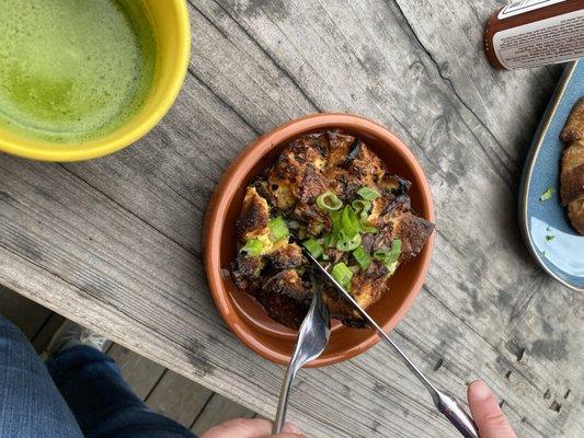 Savory bread, pudding, and Matcha tea