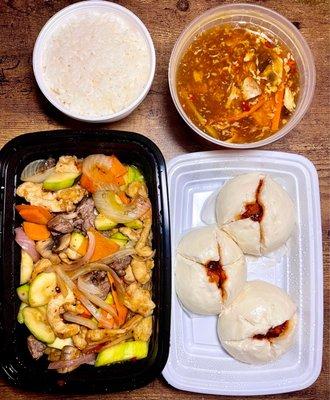 Hong Kong style chicken and steak w/ white rice + pork buns + hot & sour soup