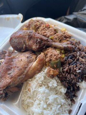 Rice&beans, white rice, ground beef, and chicken