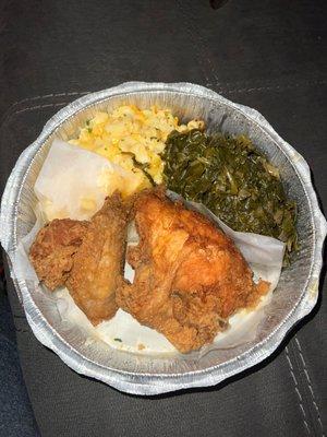 Southern Fried Chicken with collard greens and mac and cheese.