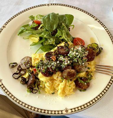 Saratoga Scrambled Eggs with Sausage and Spinach Salad