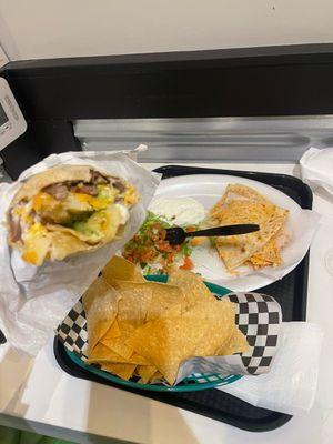 California burrito (asada), chicken quesadilla