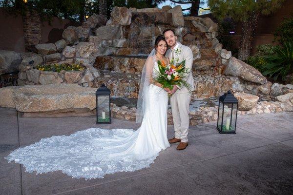 Outdoor waterfall area for first pictures as married couple