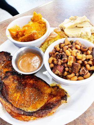 Blackened Pork Chop, blacked eyed peas and candied yams