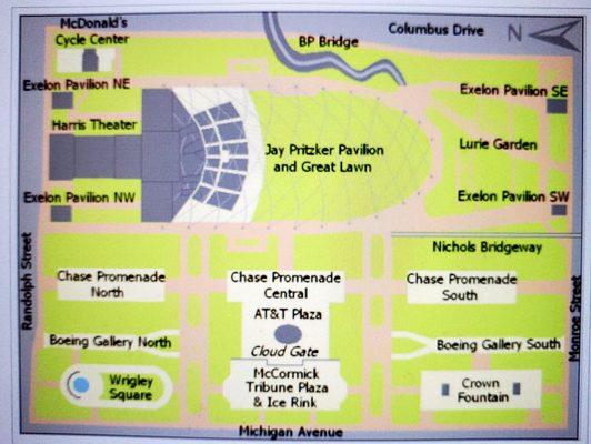 The map of Millennium Park, with Wrigley Square located on the bottom left hand corner of this map.