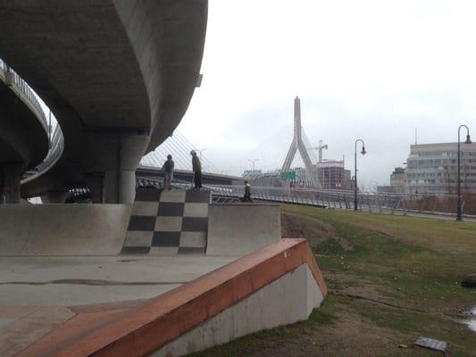 Varying ramps for all skill levels. Skate park is shown with "new" pedestrian overpass connecting Cambridge to North End.