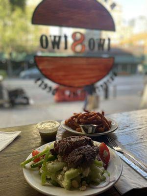 1/2 feta salad with a burger and sweet potato fries