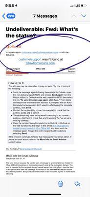 Undeliverable customer service email address provided by Zillow.