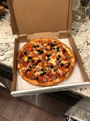 Pepperoni, sausage, onion and black olive