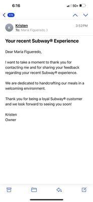 A thank you email from owner of subway on old cutler and 168th street.