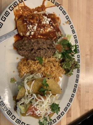 Taco, enchiladas, rice and beans