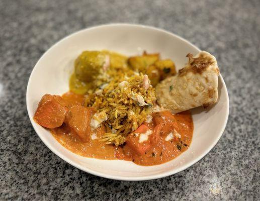 Takeout (from bottom right going clockwise): Paneer Makhani, Chicken Tikka Masala, Malai Kofta, Jeera Aloo & Cheese Garlic naan.