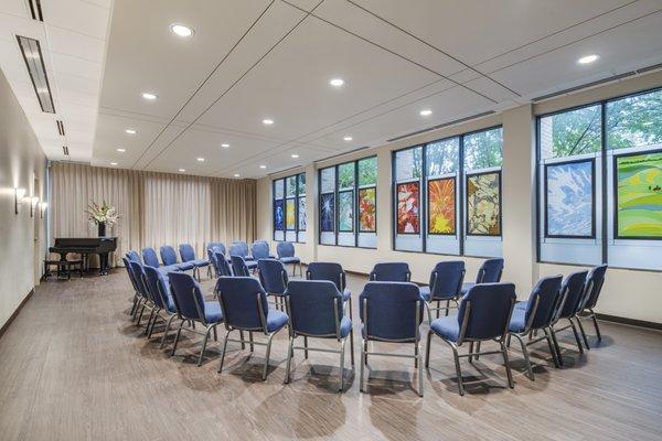 Myrtle Hall with fused glass windows used for classes and events.