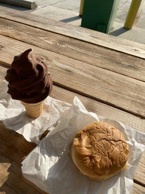 Cheeseburger and chocolate dipped vanilla ice cream cone.