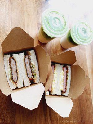 Ebi katsu sando, spam&egg sando, matcha banana milk