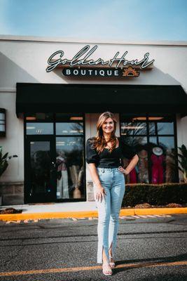 The exterior of our locally owned boutique with our owner, Dana.