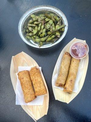 Stir Fry Edamame (very tasty), Pizza Rolls, and Cheesesteak Rolls