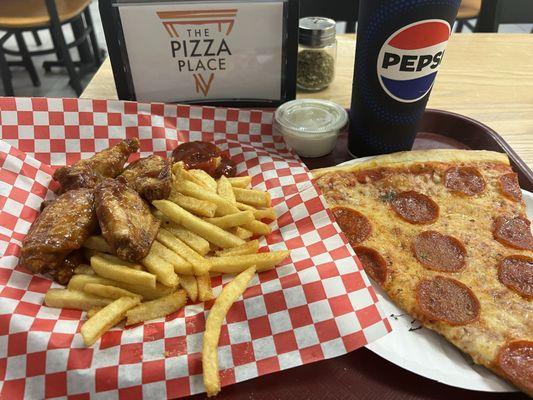 Wings and fries special and a slice of pepperoni