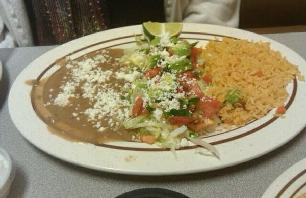 Rice, beans and salad.