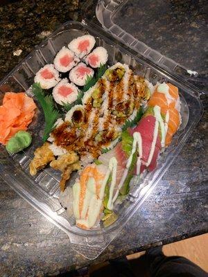 From top left to bottom right: tuna roll, spider roll, rainbow roll