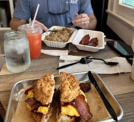 Mr Ernest sub ham for bacon and biscuits and gravy with a side of bacon and strawberry lemonade