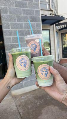 matcha lattes & ube latte with ice cream inside