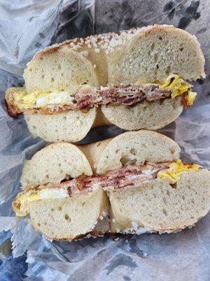 Bacon and egg on salt bagel April 2024