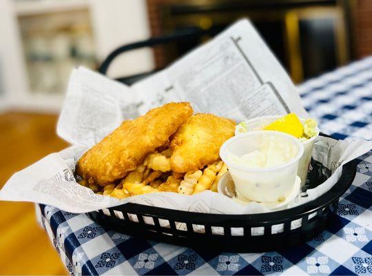 Fish & Chips with a side of coleslaw and tartar sauce