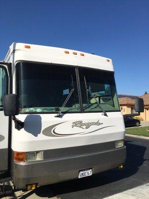 Exterior of RV. Windshield.