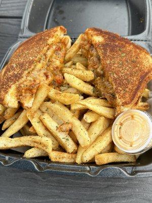 Crawfish Grilled Cheese with Cajun Fries