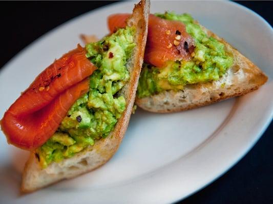 Avocado Toast with cumin, olive oil, lemon juice & chili flake with smoked salmon