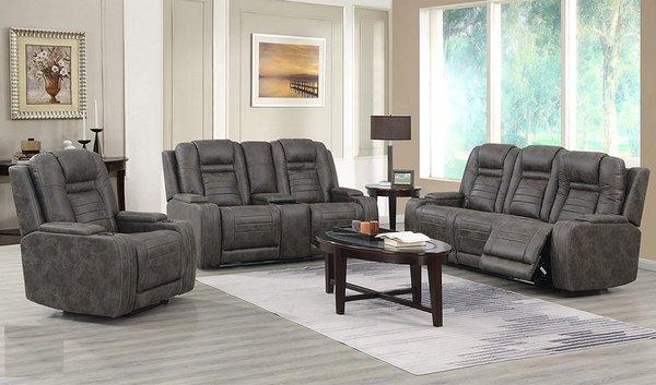 New reclining set with power recliners, power headrests, storage in arms and cupholders!