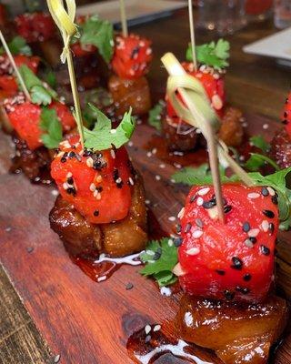 Sriracha watermelon on pork belly