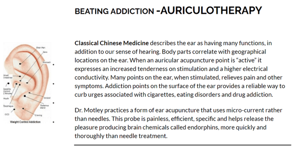 By stimulating the correct points on the ear, addictive impulses are cancelled to the brain. Usually 5-10 treatments.