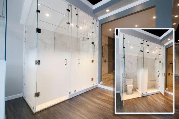 Oasis Side-by-side water closet and shower enclosure features digitally imaged glass with gradated pattern from white to clear.