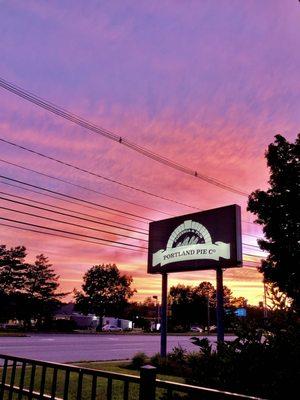 Portland Pie sign with sunset