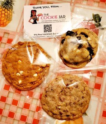 Thank you to Owner Andrea for making these scrumptious cookies! Pumpkin w/White Choco. & Walnuts, Cookies & Cream & Choco. Chips & Walnuts.