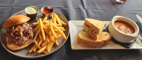 Lamb Burger with fries  and grilled cheese and tomato soup